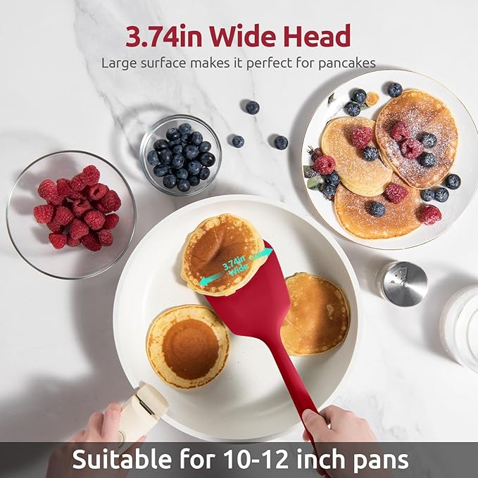 600쨘F Heat Resistant Silicone Turner: U-Taste 13.6in Long Solid & Slotted Thick Kitchen Spatula Flipper, Large Flexible Cooking Utensil for Flipping Egg, Pancake in Nonstick Cookware (Rose Red, 2PCS)