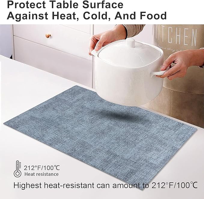 LANDVIEW Leather Heat Resistant Placemats Set of 6 Waterproof Wipeable Washable PU Table Mats,Easy to Clean Anti-Slip Place Mats (Blue, 6)