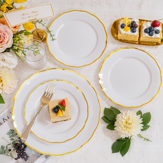 EI 150pcs White Plastic Plates with Gold Plastic Silverware,Disposable Plate Heavy Duty,White Dinnerware Set,Elegant Plates for Party,Wedding,Afternoon Tea,Spring,Valentine's Day