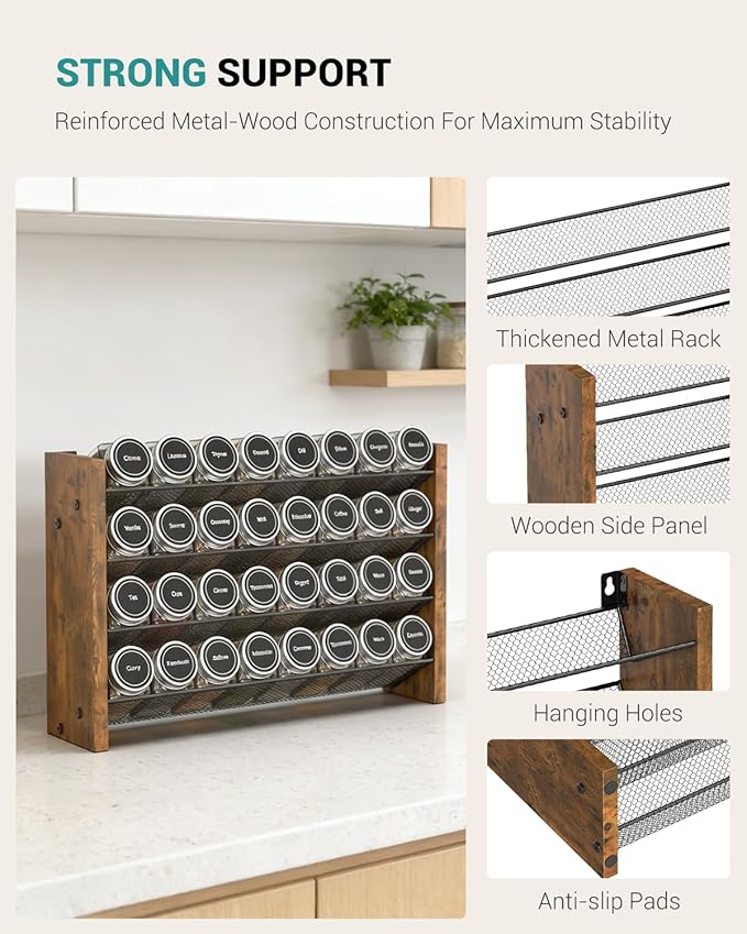 NESAPTO Spice Rack Organizer for Cabinet, Wooden 4 Tier Vertical Seasoning Organizers for Kitchen Pantry, Countertop/Wall Mount, Holds 32 Spice Jars (No Jars Included), 15.7" W 횞 9.4" H