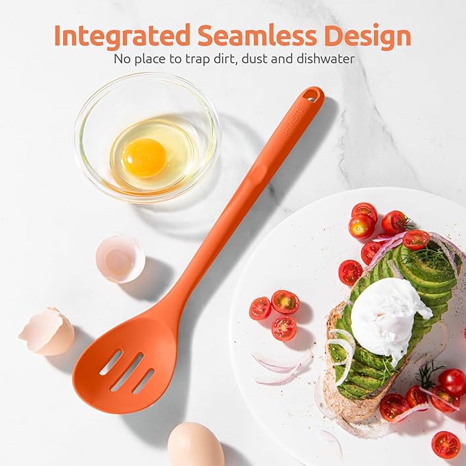 600쨘F Heat Resistant Slotted Spoon: U-Taste 13.3in Solid Kitchen Cooking Spoon, Nonstick Food Grade Large & Long Rubber Utensil for Mixing, Serving, Stirring, Basting, Frying, Draining (Orange)