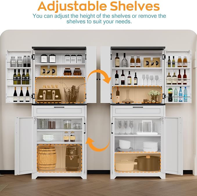 LMTC 71?쇺?H Pantry Cabinet, Kitchen Storage Cabinet with 4 Adjustable Shelves, Tall Storage Cabinet with 6 Door Shelves and a Drawer, Metal Pantry Cabinet for Kitchen, Dining Room, Living Room