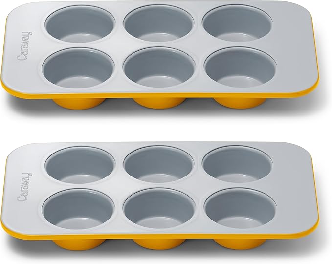 Caraway Nonstick Ceramic 6 Cup Muffin Pan Duo ??Non-Toxic, PTFE & PFOA Free ??Oven Safe ??Aluminized Steel Core ??Small Muffin Pan for Baking Cupcakes, Muffins & More - Marigold