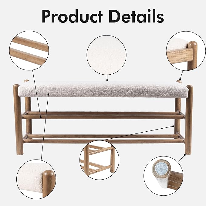 XINNAN Solid Wood Entryway Bench with Shoe Storage, Rustic Oak Wood and Sherpa Fabric 39.4 Inch Long Seating for Living and Dining Rooms, 3-Tier White