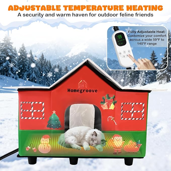 Homegroove Heated Cat House for Outside, 24x15.7x17 inches Extra Large Weatherproof & Insulated Heated Outdoor Cat House with Heating Pad, Christmas for Stray & Feral Cats