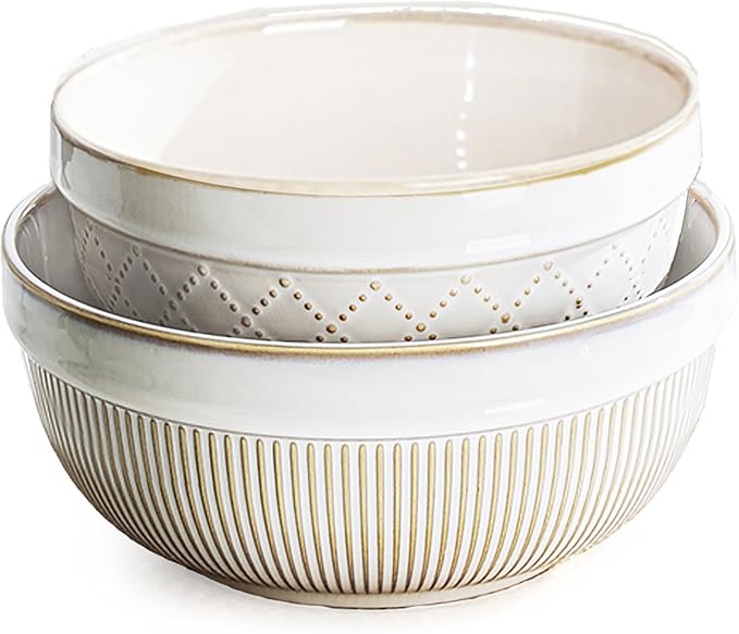 getstar Large Serving Bowls, Ceramic Salad Bowl Set of 4, Microwave and Dishwasher Safe, Farmhouse Kitchen Decorative Nesting Bowls Set (8"+7")