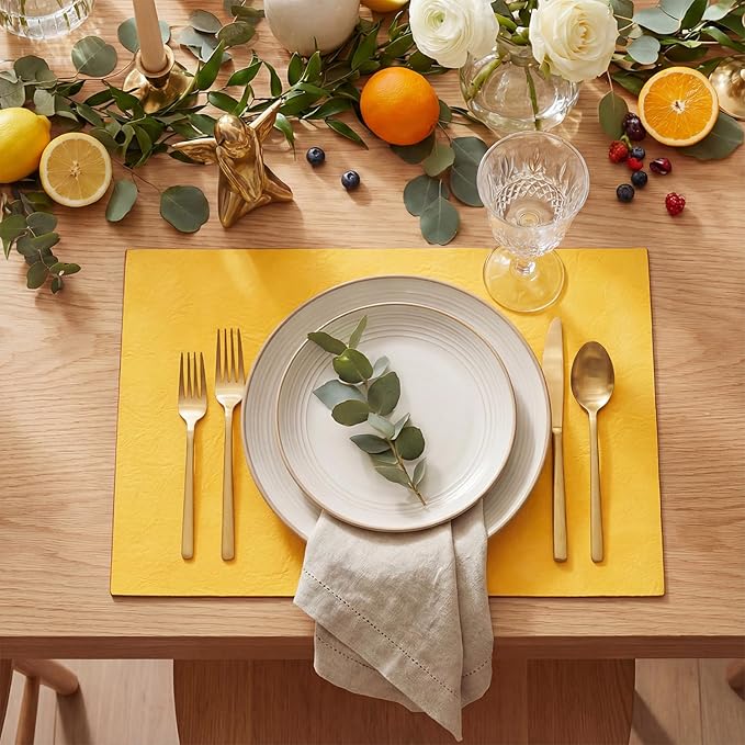 Artoid Mode Yellow Faux Leather Placemats Set of 4, 12x18 Inch Waterproof Wipeable Heat Resistant Place Mats, Reversible Table Mats for SummerKitchen Dining Decor