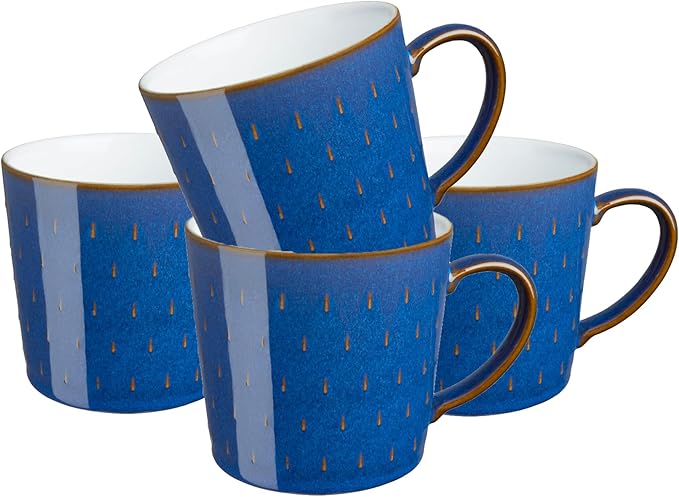 Denby - Imperial Blue Large Coffee Mug Set of 4 - Cascade Patterned 13.5 Ounce Stoneware Tea Mug Set For Office & Home - Dishwasher Safe, Microwave Safe - Ceramic Tea Cups With Blue Pattern Glaze