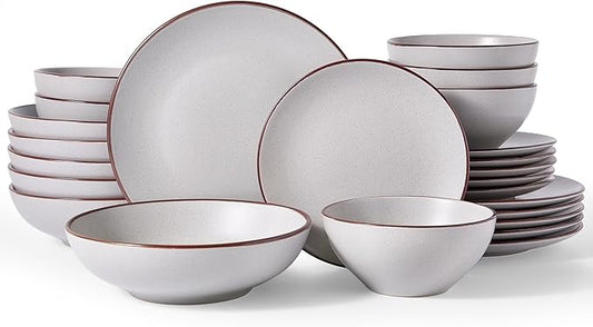 Famiware Venus Speckled Dinnerware Set with Pasta Bowls, Service for 4 (16 Pieces), Stoneware Plates and Double Bowls Sets, Microwave & Dishwasher-Safe Dishes with Trim, Matte Light Grey