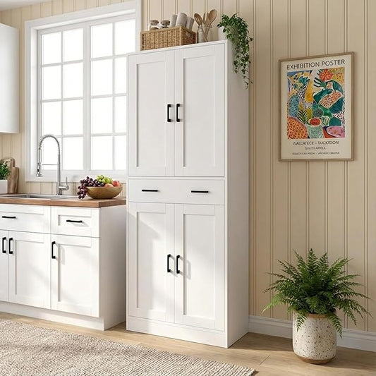 71" Tall Kitchen Pantry Cabinet, Freestanding Storage Cabinet with Drawer and 4 Doors, Large White Utility Floor Cupboard with Adjustable Shelves for Dining Room, Bathroom, Home Office