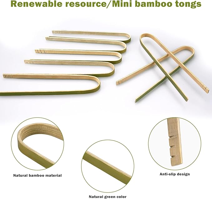 Mini Bamboo Tongs Disposable 100 Pcs 6.2 Inch Long Wooden Tongs for Charcuterie Large Cooking Utensils for Toaster Serving Food Natural Green for Catering Buffet Home