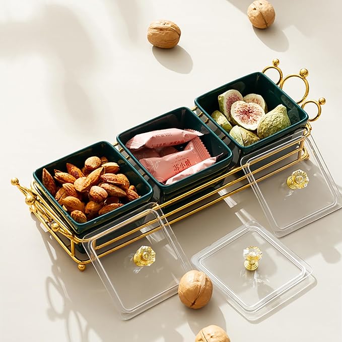 YA JU Ceramic Bowls and with Lid Gold Basket Trays, 3 Removable Small Bowls Condiment Trays Nut Serving Set for Snacks, Fruits, Candy and Condiments - Great for Parties, Green