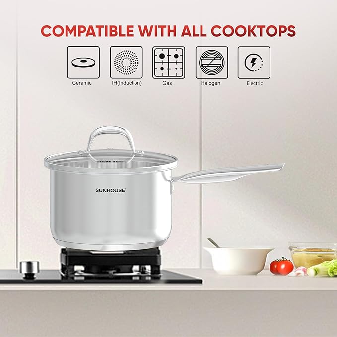 Sunhouse ??3 Quarts Stainless Steel Sauce Pan with Lid - PFOA-FREE, Stainless Steel Sauce Pan, Advanced Impact Bonding Induction Base, Stay-Cool Handle, Compatible with All Cooktops
