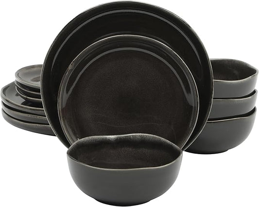 Gibson Elite Nardini 12 Piece (Service for 4) Plates and Bowls Reactive Glaze Dishes Stoneware Ceramic Dinnerware Set - Black