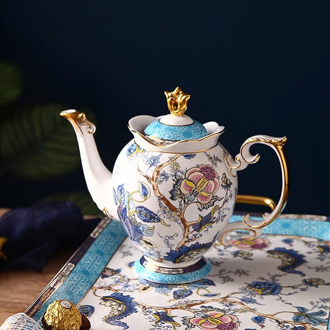 ACMLIFE Tea Sets for Adults for 6 - Tea Pot Sets with Cups Blue, Tea Sets for Women Tea Party, Fine Bone China 24K Gold, Vintage British English Porcelain Afternoon Service Sets for Luxury Gift
