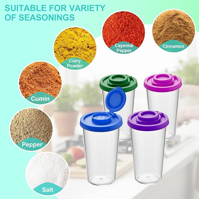 Plastic Salt and Pepper Shakers Set with 4 Color Lids & 20 Labels ??Clear Spice Jars, Reusable, Refillable Seasoning Containers for Kitchen, Cooking, Baking ??Easy Storage & Organization