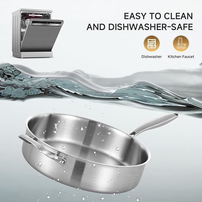 LOLYKITCH Whole Body Tri-Ply Stainless Steel 5.5 QT Saut챕 Pan with Lid,12 Inch Deep Frying Pan,Jumbo Cooker,Dishwasher and Oven Safe,Detachable Handle.