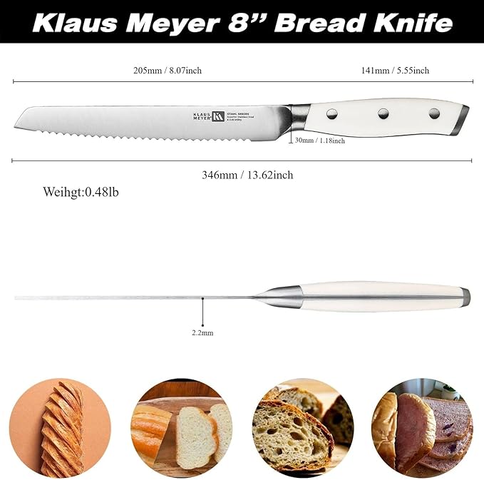 Klaus Meyer Stahl High Carbon Exclusive German Steel 8 inch Bread Knife (White)