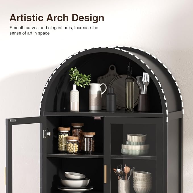 Kitchen Pantry Cabinet with Glass Doors - Arched Design, Solid Wood Legs, Artistic Fluted Door, Adjustable Shelves, 70.8" Curved Storage Cabinet for Kitchen, Dining Room