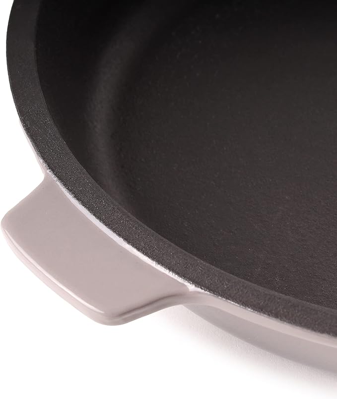 BergHOFF Neo 3Pc Enameled Cast Iron Cookware Set, Fry Pan 10 inches, Grill Pan 11 inches, Slotted Steak Press, Fast, Evenly Heat, Oven safe (Oyster)