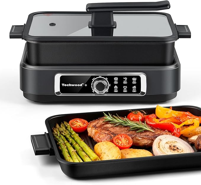 Slow Cooker, Techwood Electric Skillet 7.5-Quart Extra-large Capacity Multi-Cooker with 5-Level Heat Settings, Come with Non-stick Skillet Pan & Cooking Pot, Dishwasher Safe, Black