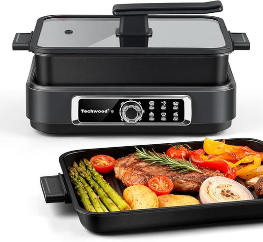 Slow Cooker, Techwood Electric Skillet 7.5-Quart Extra-large Capacity Multi-Cooker with 5-Level Heat Settings, Come with Non-stick Skillet Pan & Cooking Pot, Dishwasher Safe, Black