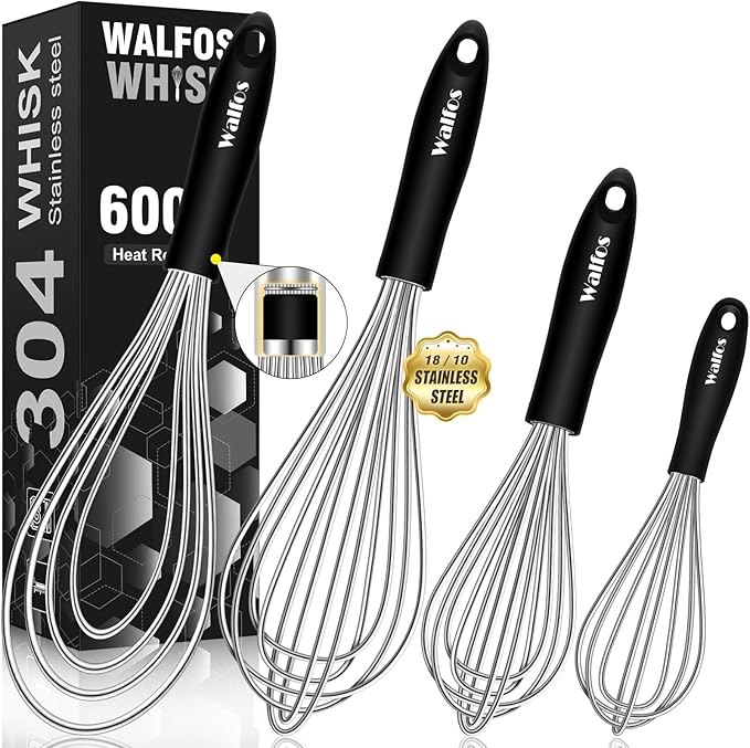 Walfos Whisk,Whisks for cooking set, 304 Stainless steel Whisks,Heat Resistant 600째F.Perfect for Blending Beating Stirring - 11inFlat Whisk and 7+9+11in Balloon Whisk