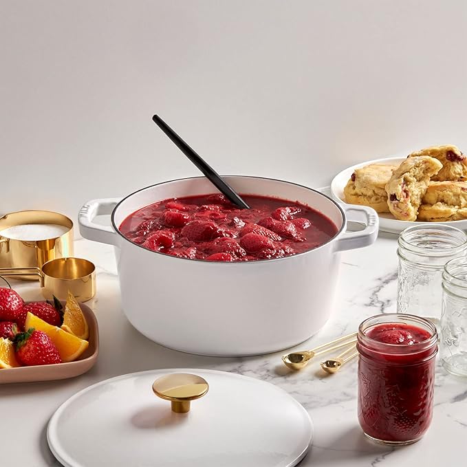Milo by Kana 3.5-quart Enameled Cast Iron Dutch Oven with Lid | Premium Casserole Cooking Pot | Enamel Coating Inside and Out | Oven Safe and Dishwasher Friendly (White with Gold Knob)