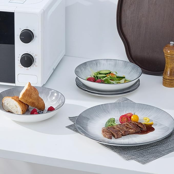 Bestone Porcelain Dinnerware Sets Service for 4, 12 pcs Hand drawn Plates and Bowls Sets, Handmade Ceramic Dish Set, Chip Resistant Modern Plate Set, Dishwasher/Microwave Safe竊똆ray