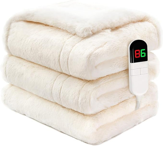 Heated Electric Blanket Twin 62"횞84", Plush Fast Heating Faux Rabbit Fur Blanket with 8 Heating Levels Auto Shut Off, for Bed & Couch Super Cozy Fuzzy,Fluffy Winter Warming Beige