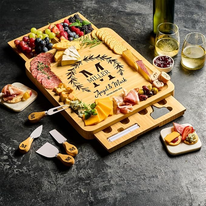Custom Charcuterie Board - Monogrammed Gifts for Couples, Personalized Cheese Board Gift Set, Bamboo Wooden, Engagement Gifts, New Home Gift Ideas, Wedding Gifts