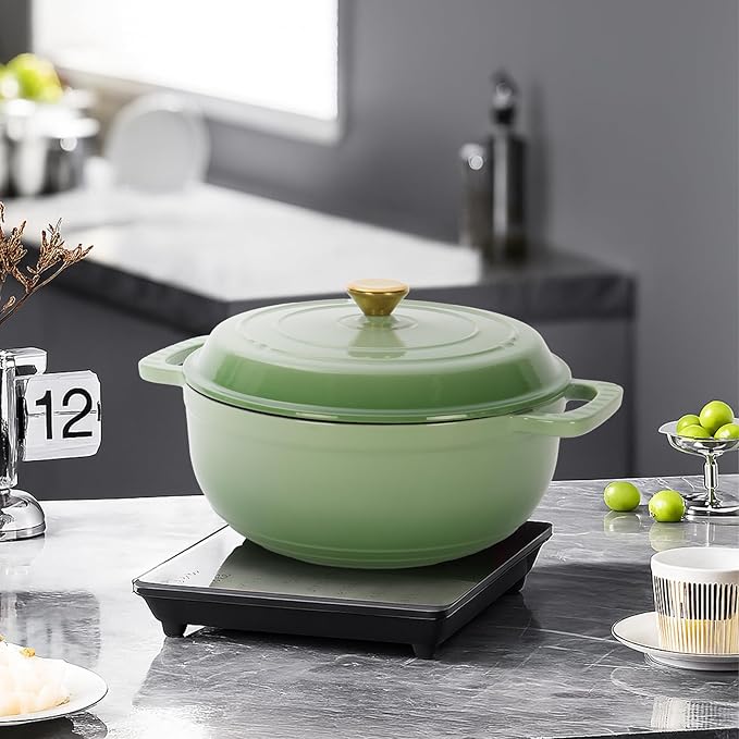 Dutch Oven Pot with Lid, 6 Quart Enameled Cast Iron Dutch Oven, Dual Handles, Kitchen Pots Oven Safe up to 500째F, Stovetop Compatible, Marinate, Cook, Bread Baking, Refrigerate & Serve, Green