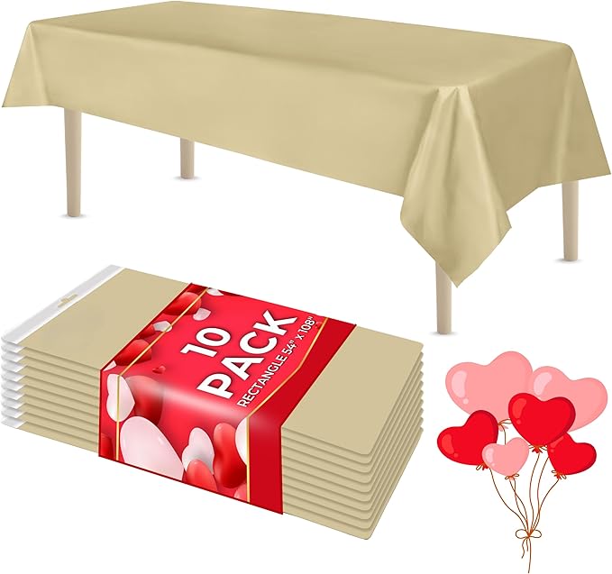 LEMON + Co. Beige Rectangle Table Cover Disposable Plastic Tablecloth 54 Inch. x 108 Inch. Premium Decorative Rectangle Table Cover 10 Pack