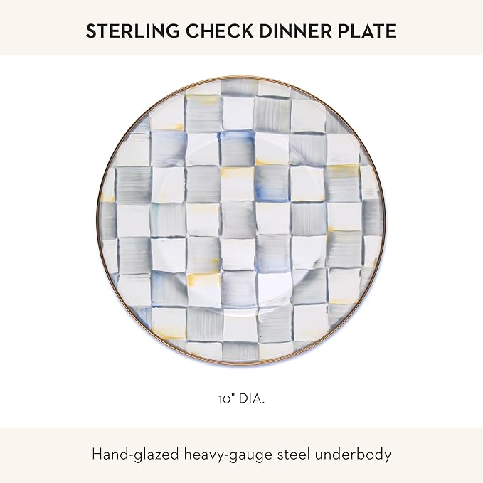 MACKENZIE-CHILDS Enamel Dinner Plate, Decorative Dinnerware Plate, 10 Inches, Set of 1, Gray-and-White Sterling Check