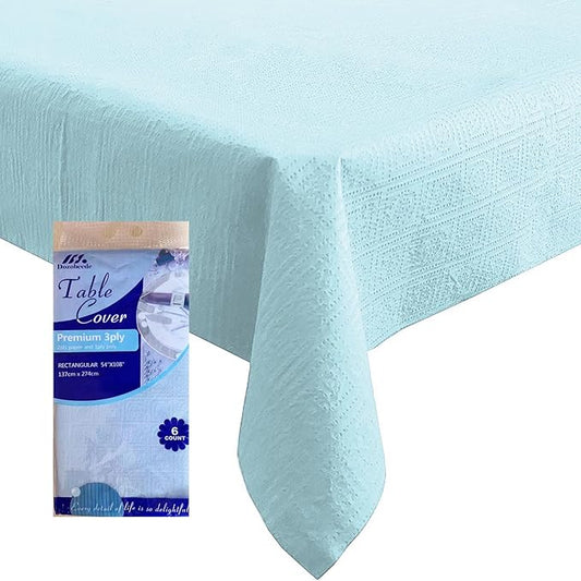 [6 Pack] Light Blue Paper Tablecloth Disposable for Rectangle Tables, 54 X 108 Inch Party Table Cover with Plastic Backing, Waterproof 3 Ply Table Cloth for Easter Wedding Baby Shower Indoor Outdoor