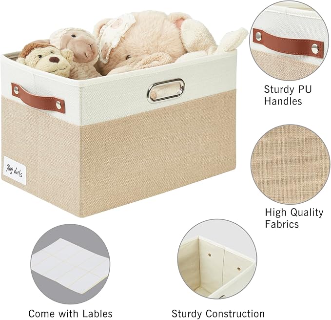 Bagnizer Large Collapsible Fabric Storage Bins with 3 Handles, Foldable Organizer Baskets for Closet, Shelves, Living Room | 3 Pack, Durable PU & Metal Handles (14.9"x9.8"x9.8", Beige & White)