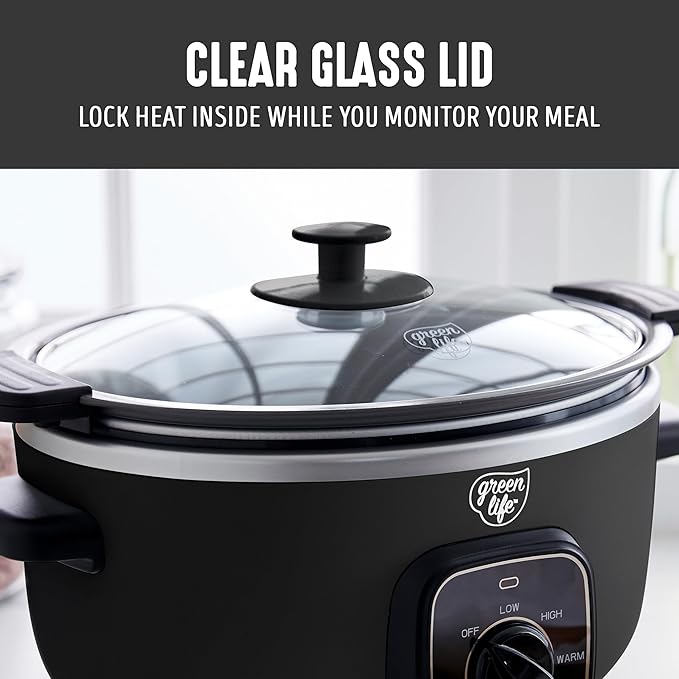 GreenLife 3.5QT Slow Cooker, PFAS-Free Non-Toxic Ceramic Nonstick Removable Interior Bowl, Programmable, Keep Warm, Stovetop & Oven Safe Pot, Dishwasher Safe Crock & Glass Lid, Black