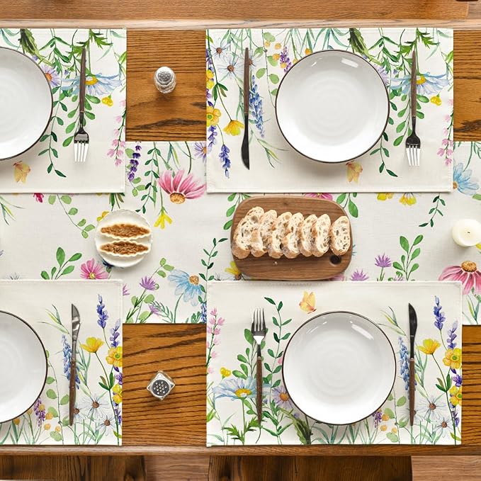 Artoid Mode Daisy Eucalyptus Lavender Floral Leaves Spring Placemats Set of 4,12x18 Inch Seasonal Table Mats for Party Kitchen Dining Decoration