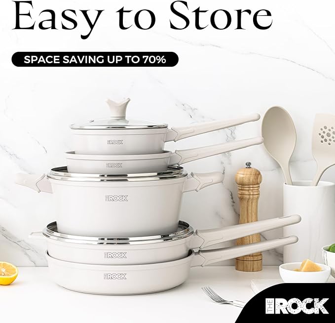 THE ROCK SOHO 15Pcs Ceramic Cookware Set ??Non toxic Pots and Pans Set Non Stick with ROCK.TEC ??Nothing Sticks, Never Warps, Lasts Longer, PTFE PFOA & PFAS Free, Induction & Dishwasher Safe, Cream