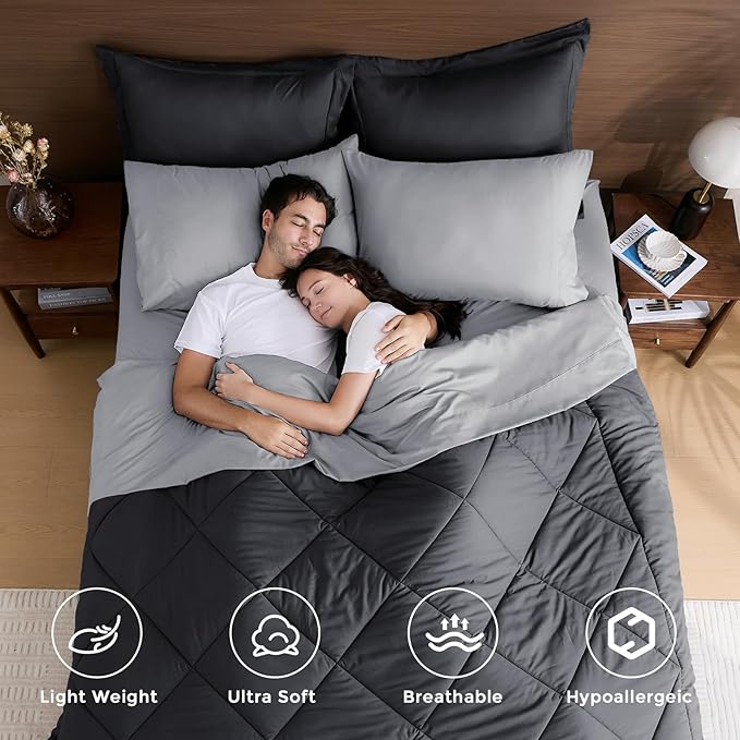 HEVUMYI Twin-XL Comforter Set - 5-Piece All Season Bed in a Bag Twin-XL, Ultra Soft Bedding Set with Comforter, Flat Sheet, Fitted Sheet, Pillowcases, Pillow Shams, Dark Grey & Light Grey