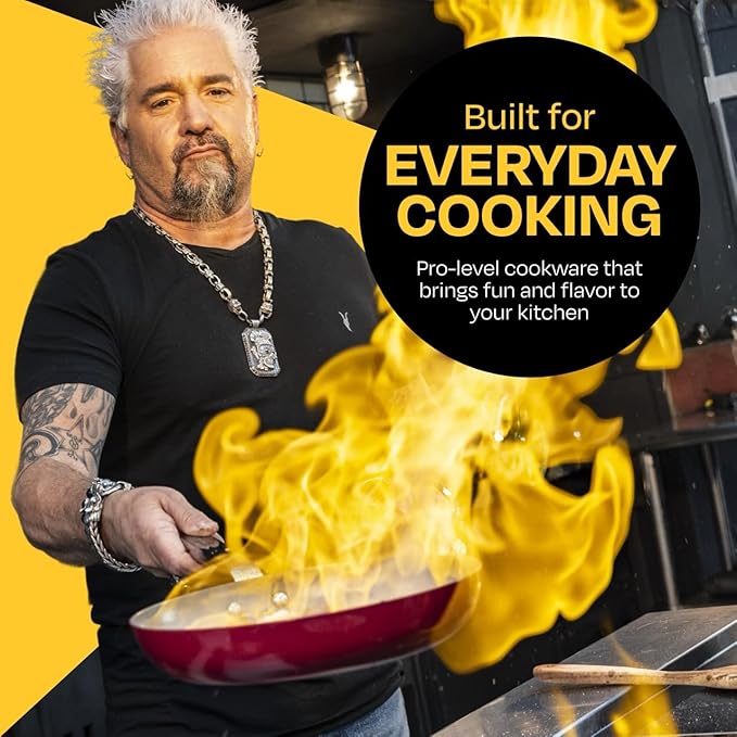 Guy Fieri's Flavortown 15-Piece Ceramic Cookware Set, Nonstick Pots and Pans for Cooking, Easy-Clean Kitchen Cookware, Made without PFAS PTFE PFOA, Induction Compatible, Oven & Dishwasher Safe, Red