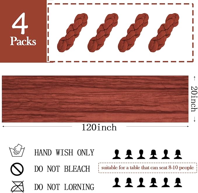 4 Pack Terracotta Cheesecloth Table Runner 20 x 120 inch Gauze Table Runners 10 FT Long,Semi Sheer Cheese Cloth Fabric Table Runner Bulk for Wedding,Party,Baby Shower,Bridal Shower Decoration