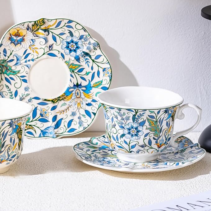 Vintage Floral Ceramic Tea Cups and Saucers,8.45 oz/260ml Small Breakfast Milk Coffee Mugs Colorful Flowers