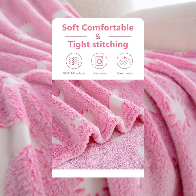 QSTEHEML Pink Moon Glow in The Dark Blanket,Star Gifts Toys for Kids Girls Birthday Christmas Bedroom Decor for Age 3-12 Years Old Toddler Teens Child Daughter Soft Luminous Blanket竊?0"횞60"