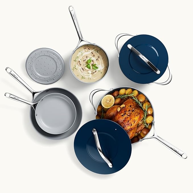 10-Piece Navy Blue Non-Stick Ceramic Pots & Pans Set with Lids, Complete Kitchen Cookware for Soup, Pasta, Boiling & Saut챕ing, Dishwasher Safe, Induction Compatible, From Stovetop to Oven Safe
