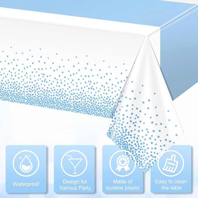 MASHAN 6Pcs White and Light Blue Polka Dot Plastic Rectangular Tablecloths, 54x108 Inch, Spill Resistant, Perfect for Birthday, Wedding, Graduation Parties
