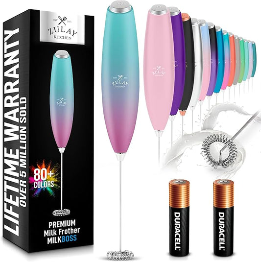 Zulay Kitchen Handheld Milk Frother with Duracell AA Batteries ??Ultra Fast Electric Mixer & Foam Maker, Easy-Clean Drink Mixer for Coffee & More - Teal Pink Fade