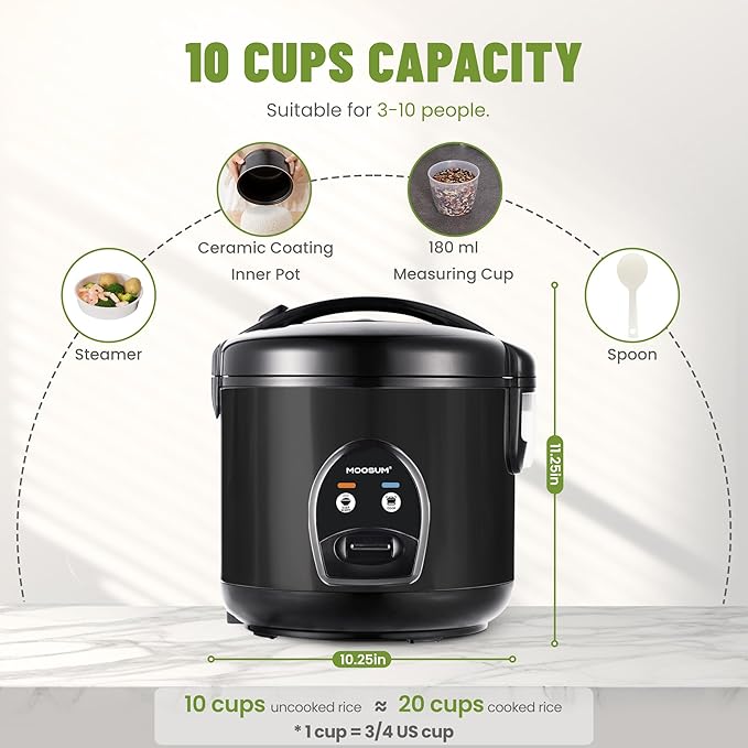 10-Cup Uncooked Rice Cooker & Food Steamer - Ceramic Coating Non-Toxic Inner Pot, One-Touch Multifunction for Rice/Sauté/Yogurt, Dishwasher Safe, 3-10 Family Size, Black