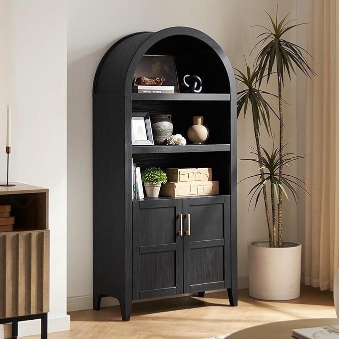 mopio Lauren 65.4" Short Arched Cabinet, the Original 5-Tier Bookcase with Doors and Shelves, Mini Arch Bookshelf with Storage, Wooden Storage Cabinet for Living Room and Kitchen Pantry (Black Accent)