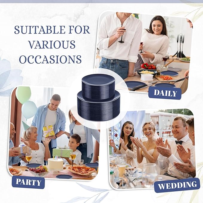 KIRE 175Pcs Blue Plastic Plates with Silver Rim & Disposable Silverware with Blue Handle & Silver-rim Cups & Hand Napkin & Plastic Dinnerware for Parties/Wedding